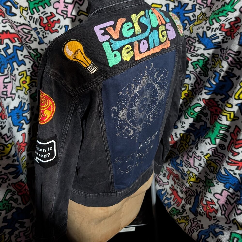 H&M Black Denim Highly Customized Jacket "WOW" Size XS